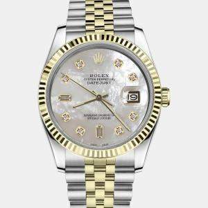Rolex Customised White MOP Diamond Stainless Steel Datejust 16013 Automatic Men's Wristwatch 36mm