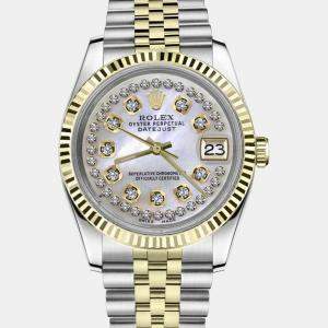 Rolex Customised White MOP Diamond 18K Yellow Gold Stainless Steel Datejust 16013 Automatic Men's Wristwatch 36mm
