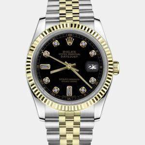 Rolex Customised Black Diamond 18K Yellow Gold Datejust 16013 Automatic Men's Wristwatch 36mm