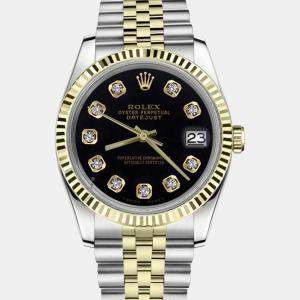 Rolex Customised Black Diamond 18K Yellow Gold Stainless Steel Datejust 16013 Automatic Men's Wristwatch 36mm