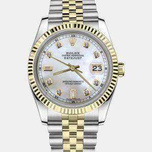 Rolex Customised White MOP Diamond Stainless Steel Datejust 16013 Automatic Men's Wristwatch 36mm