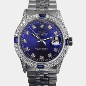 Rolex Customised Blue MOP Diamond Stainless Steel Datejust 16014 Automatic Men's Wristwatch 36mm
