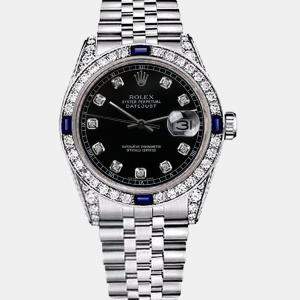Rolex Customised Black Diamond Stainless Steel Datejust 16014 Automatic Men's Wristwatch 36mm