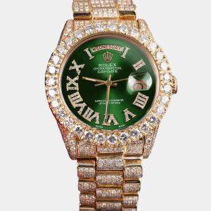 Rolex Customised Green Diamond 18K Yellow Gold Day-Date 18038 Automatic Men's Wristwatch 36mm