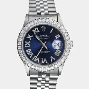 Rolex Customised Navy Blue Diamond Stainless Steel Datejust 16014 Automatic Men's Wristwatch 36mm