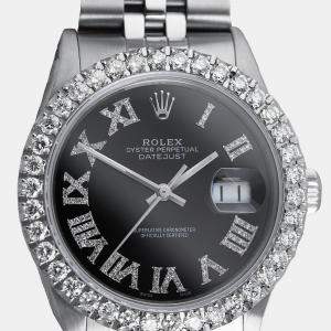 Rolex Customised Black Diamond Stainless Steel Datejust 16014 Automatic Men's Wristwatch 36mm