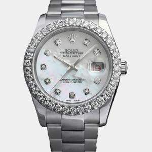 Rolex Customised White MOP Diamond Stainless Steel Datejust 116234 Automatic Men's Wristwatch 36mm