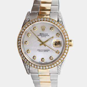 Rolex Customised White MOP Diamond Stainless Steel Date 15053 Automatic Men's Wristwatch 34mm