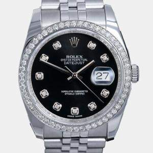 Rolex Customised Black Diamond Stainless Steel Datejust 116234 Automatic Men's Wristwatch 36mm