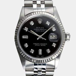 Rolex Customised Black Diamond Stainless Steel Datejust 16030 Automatic Men's Wristwatch 36mm