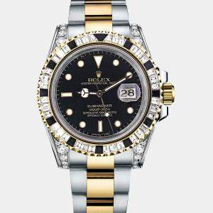 Rolex Customised Black Diamond 18K Yellow Gold Submariner 16613 Automatic Men's Wristwatch 40mm