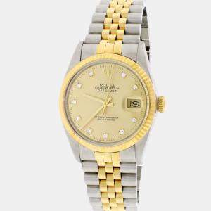 Pre Owned Rolex Champagne 18k Yellow Gold Stainless Steel Diamond Datejust 16013 Automatic Men's Wristwatch 36 mm