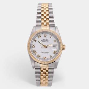 Pre Owned Rolex White 18K Yellow Gold & Stainless Steel Datejust 16233 Automatic Unisex Wristwatch 35 mm