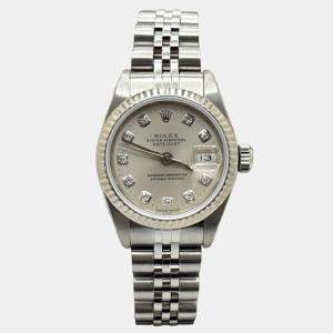 Pre Owned Rolex President Datejust 69174 Automatic Silver Diamond Stainless Steel 18k White Gold Men's Wristwatch 26 mm