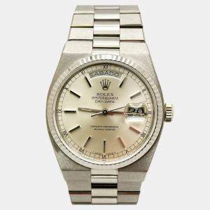 Pre Owned Rolex Oysterquartz Day-Date 19019 Quartz 18k White Gold Men's Wristwatch 36 mm