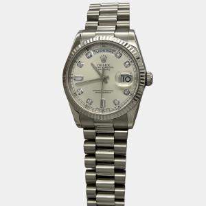 Pre Owned Rolex President Day-Date 118239 Automatic Silver Diamond 18k White Gold Men's Wristwatch 36 mm