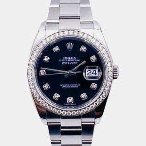 Pre Owned Rolex Datejust 116244 Automatic Black Diamond Stainless Steel Men's Wristwatch 36 mm