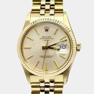 Pre Owned Rolex Oyster Perpetual Date 15037 Automatic Silver Dial 14k Yellow Gold Men's Wristwatch 34mm