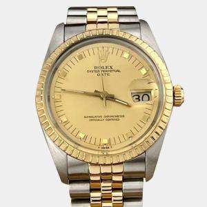 Pre Owned Rolex Oyster Perpetual Date 15053 Automatic Champagne Dial 18k Yellow Gold Stainless Steel Men's Wristwatch 34mm