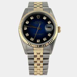 Pre Owned Rolex Datejust 16233 Automatic Blue Vignette Diamond Dial Stainless Steel 18k Yellow Gold Men's Wristwatch 36 mm