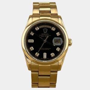 Pre Owned Rolex Day Date 118208 Automatic Black Diamonds 18k Yellow Gold Men's Wristwatch 36 mm