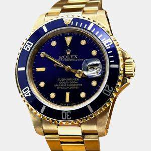 Pre Owned Rolex Submariner 16808 Automatic Blue 18k Yellow Gold Men's Wristwatch 40 mm