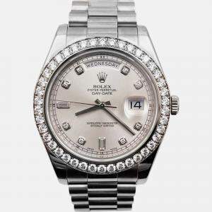 Pre Owned Rolex Day Date II 218349 Automatic White diamonds 18k White Gold Men's Wristwatch 41 mm