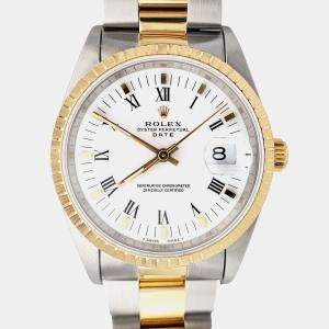 Pre Owned Rolex Oyster Perpetual Date 15223 Automatic White Roman Dial 18k Yellow Gold Stainless Steel Men's Wristwatch 34 mm