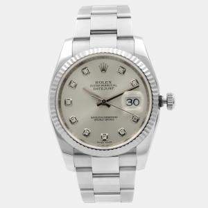 Pre Owned Rolex Datejust 116234 Automatic Silver Diamond Dial Stainless Steel 18k White Gold Men's Wristwatch 36mm