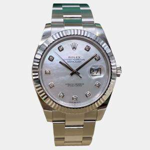 Pre Owned Rolex Datejust 126334 Automatic Mother of Pearl Diamond Dial Stainless Steel White Gold Men's Wristwatch 41mm