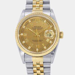 Pre Owned ساعة يد رجالية رولكس أوتوماتيكية ديتجاست 16233 ذهب أصفر عيار 18 ستانلس ستيل بلون الشمبانيا 36 مم