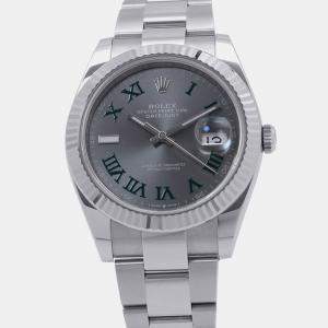 Pre Owned ساعة يد رجالية رولكس ديت جست ويمبلدون 126334 أوتوماتيك ذهب أبيض عيار 18 وفولاذ مقاوم للصدأ رمادية 41 مم