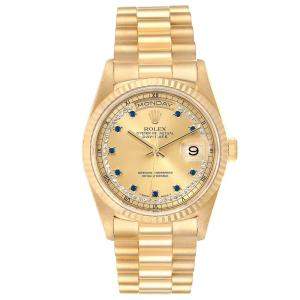 Pre Owned Rolex Champagne Blue Sapphire Diamonds 18K Yellow Gold President Day-Date 18238 Men's Wristwatch 36 MM