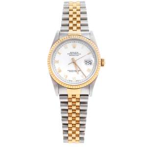 Pre Owned Rolex White 18K Yellow Gold & Stainless Steel Datejust 16233 Automatic Unisex Wristwatch 35 mm