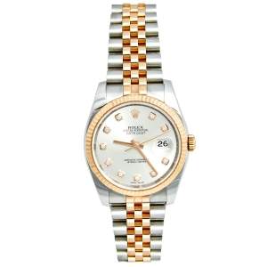 Pre Owned Rolex Silver Diamond 18k Rose Gold Stainless Steel Datejust 116231 Men's Wristwatch 36 mm