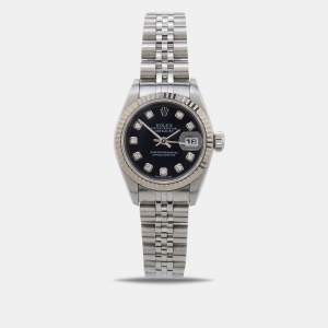 Pre Owned Rolex Black Diamond 18k White Gold Stainless Steel Datejust 79174 Women's Wristwatch 26 mm 