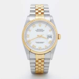 Pre Owned Rolex White 18K Yellow Gold Stainless Steel Datejust 16233 Men's Wristwatch 36 mm