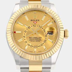 Pre Owned Rolex Champagne 18k Yellow Gold And Stainless Steel Sky-Dweller 326933 Automatic Men's Wristwatch 42 mm