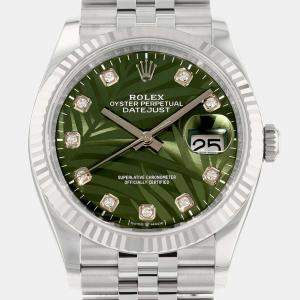 Pre Owned Rolex Green Diamond 18k White Gold And Stainless Steel Datejust 126234 Automatic Men's Wristwatch 41 mm