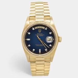 Pre Owned Rolex Blue Vignette 18K Yellow Gold Diamond Vintage Oyster Perpetual Day-Date President 18038 Men's Wristwatch 36 mm