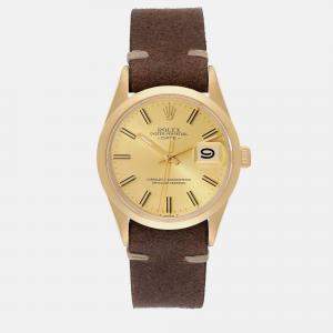 Rolex Date Yellow Gold Champagne Dial Leather Strap Vintage Men's Watch 15007 34 mm