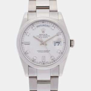 Rolex Silver Diamond 18k White Gold Day-Date 118209A Automatic Men's Wristwatch 36 mm