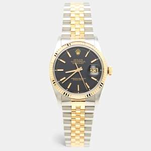 Pre Owned Rolex Black 18K Yellow Gold Stainless Steel Datejust 1601/3 Men's Wristwatch 36 mm