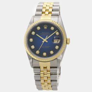 Rolex Blue Diamond 18k Yellow Gold Stainless Steel Datejust 16233 Automatic Men's Wristwatch 36 mm