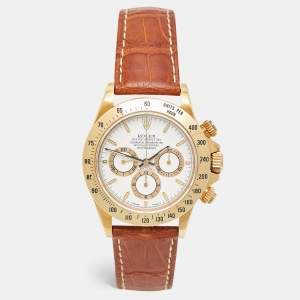 Rolex White 18K Yellow Gold Crocodile Leather Cosmograph Daytona 16529 Men's Wristwatch 40 mm