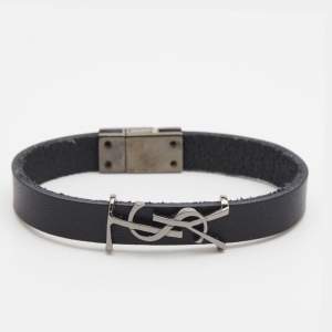 Saint Laurent Black Leather Gunmetal Tone Logo Opyum Bracelet