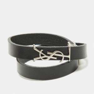 Saint Laurent Black Leather Silver Tone Cassandre Double Wrap Bracelet