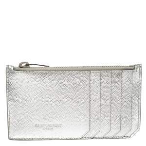 Saint Laurent Metallic Silver Leather Zip Card Holder 