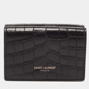 Saint Laurent Black Croc Embossed Leather Trifold Card Case