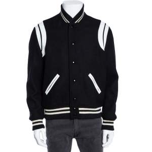 Saint Laurent Black Wool & Leather Trim Detailed Teddy Jacket L 